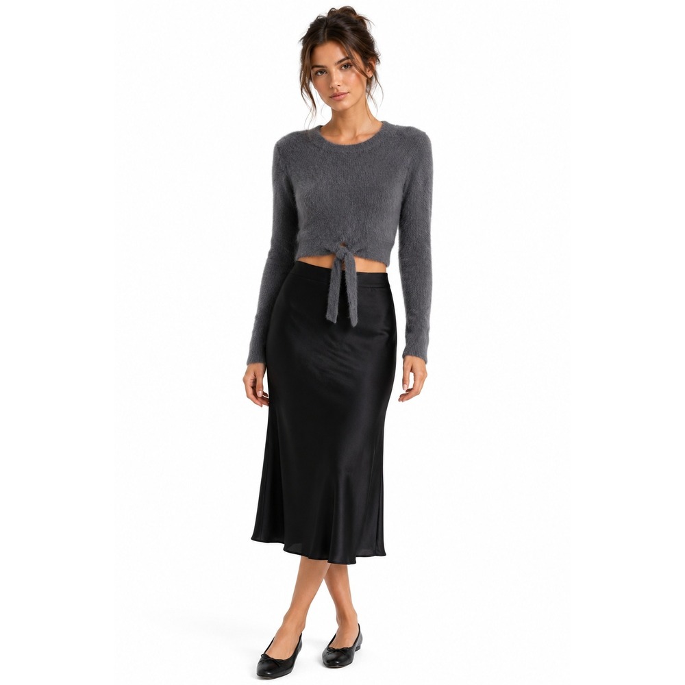Fuzzy Knit Tie‎ Front Cropped Sweater XS Gray Balletcore Coquette Soft Girl Cozy